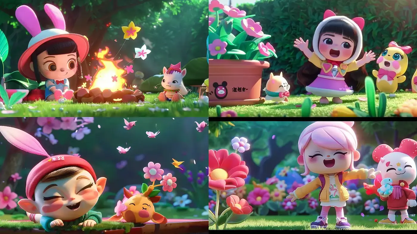 Playful and Whimsical Childhood Encounters in a Vibrant Garden - Midjourney sref style