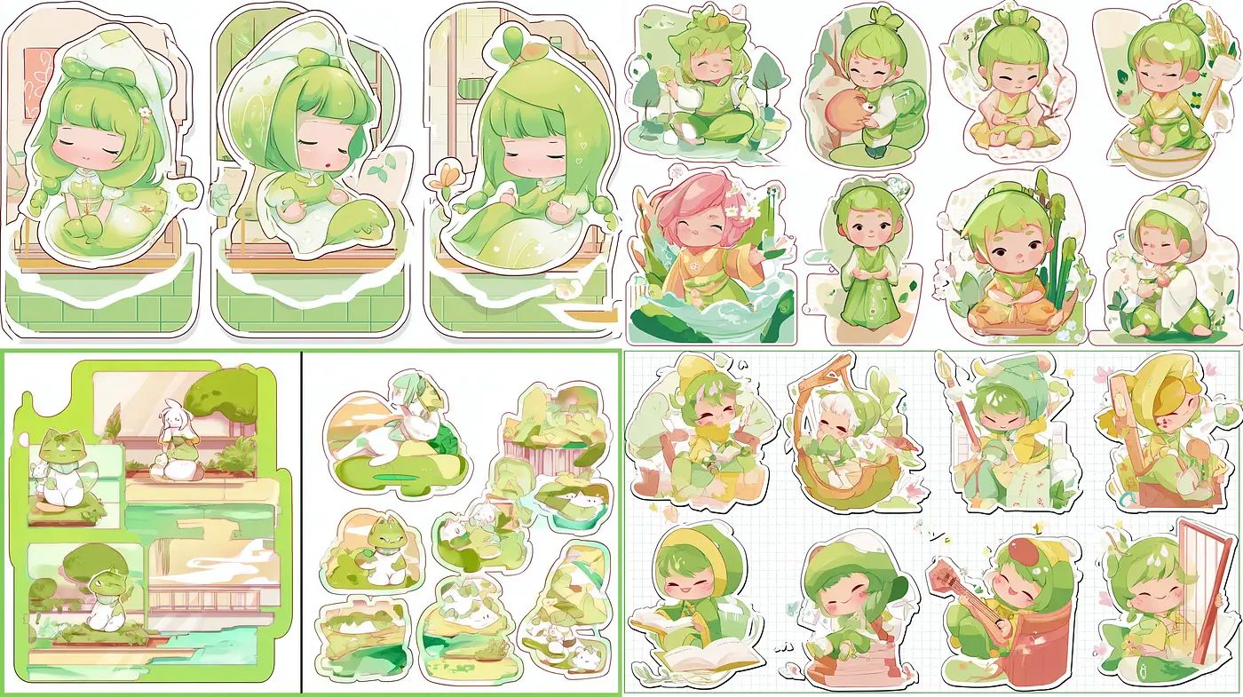 Charming pastel illustrations with a cohesive theme of playful greenery and cute characters - Midjourney sref style