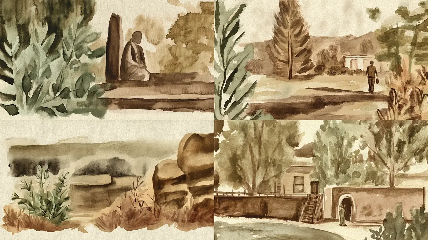Serene Sepia-Toned Landscape Watercolors - Midjourney sref style
