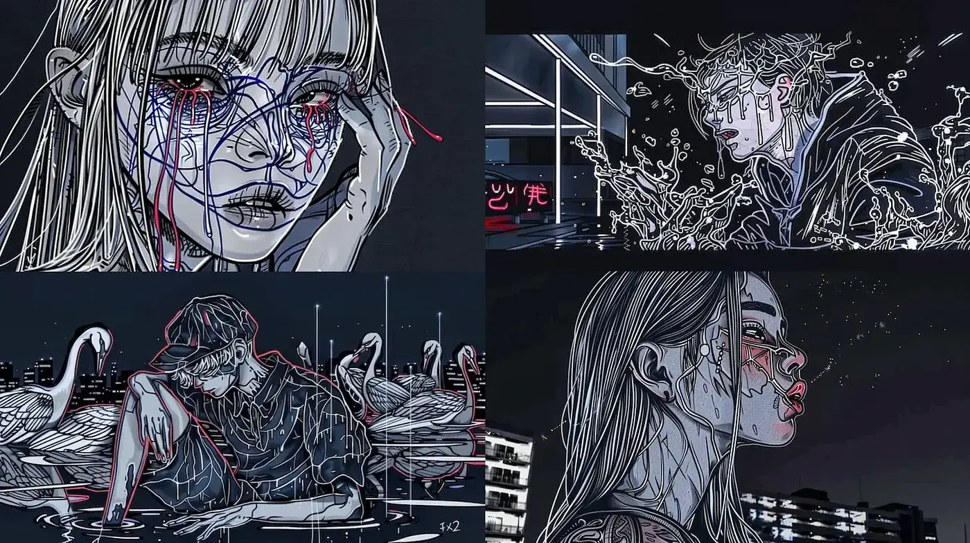 Contemporary Illustrative Style with a Dark, Emotional Vibe - Midjourney sref style