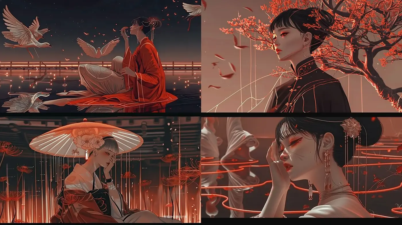 Ethereal Twilight: A Fusion of Modern Anime and Traditional Eastern Imagery - Midjourney sref style