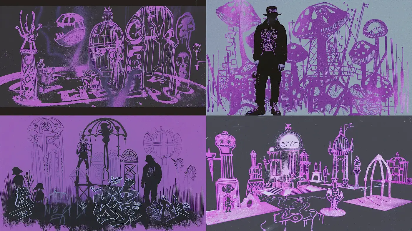 Surreal Urban Dreamscape with Graffiti Aesthetic - Midjourney sref style
