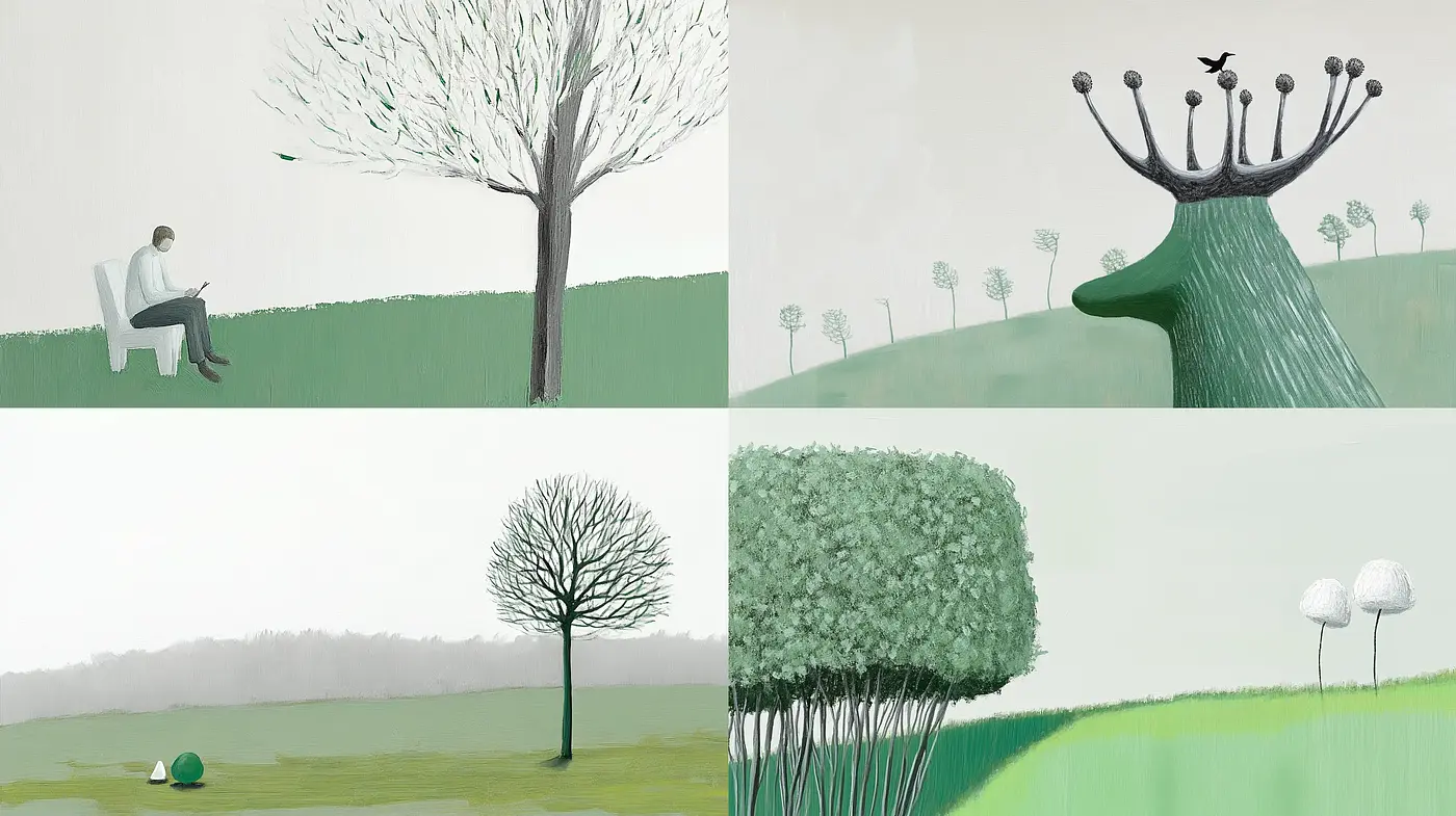 Serene Contemplation in Stylized Pastoral Scenes - Midjourney sref style