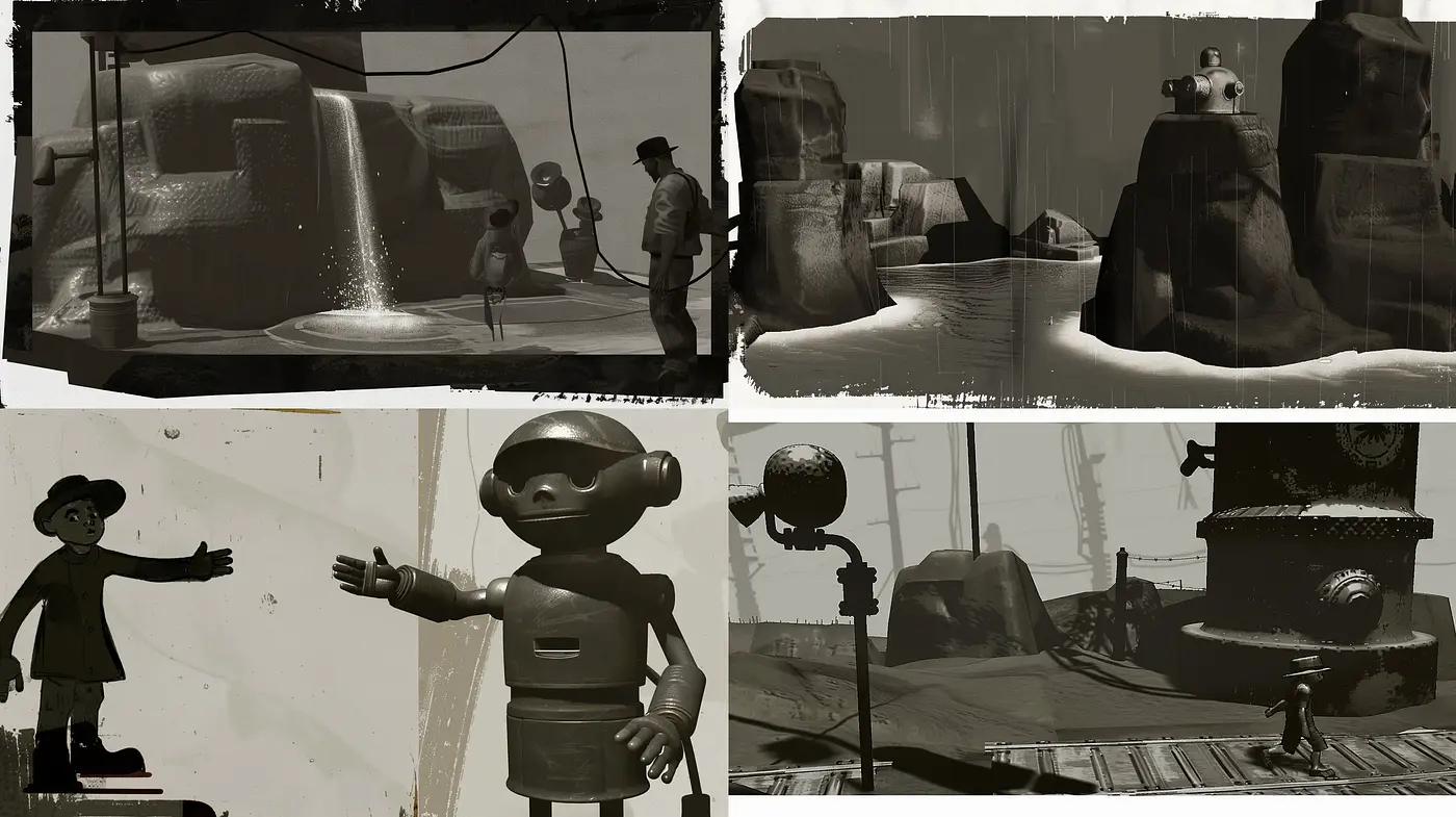 Monochromatic Dreamscape of Retrofuturistic Exploration - Midjourney sref style