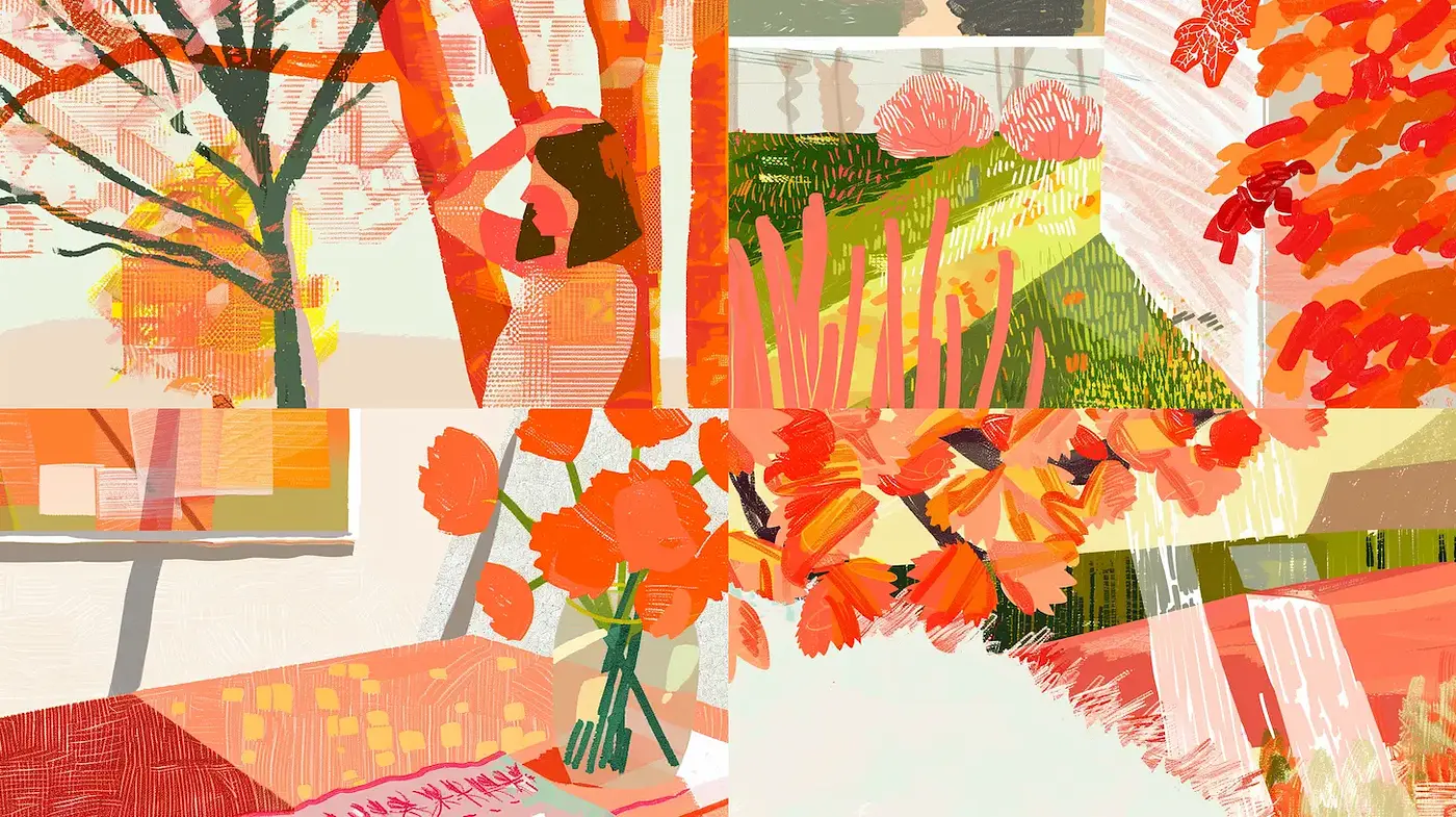 Vibrant and Textured Autumn-inspired Illustration with Organic Forms - Midjourney sref style