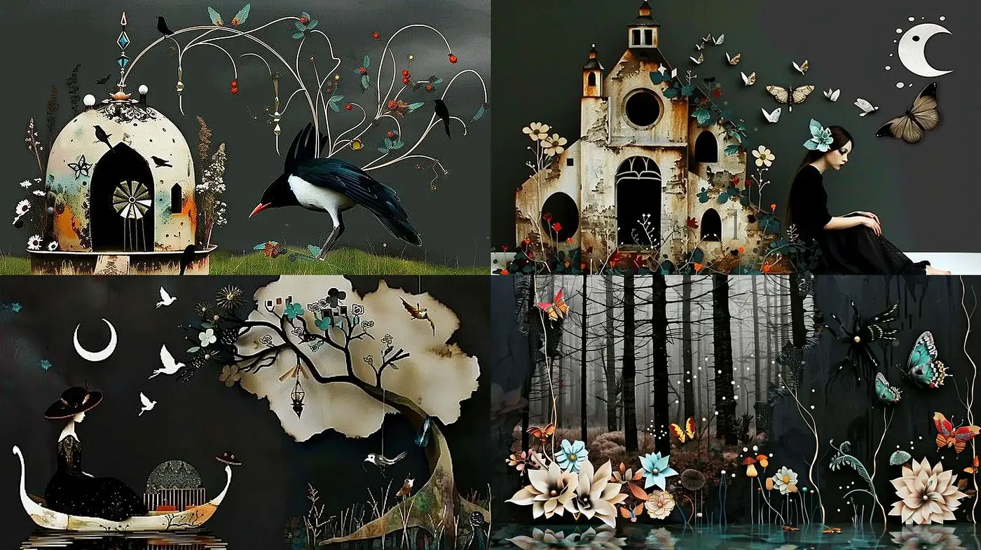 Whimsically Dark Botanical Dreamscapes - Midjourney sref style