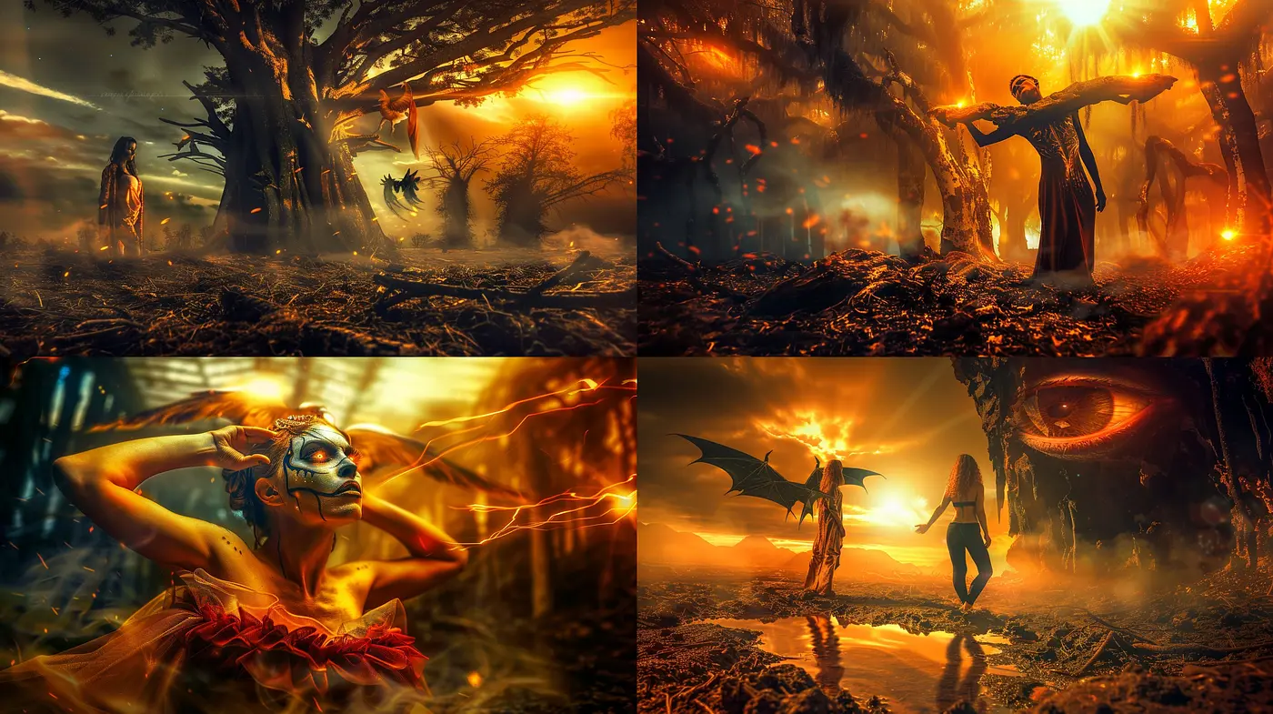 Sunset Embers: A Fusion of Surreal Fantasy and Dramatic Lighting in Digital Art - Midjourney sref style