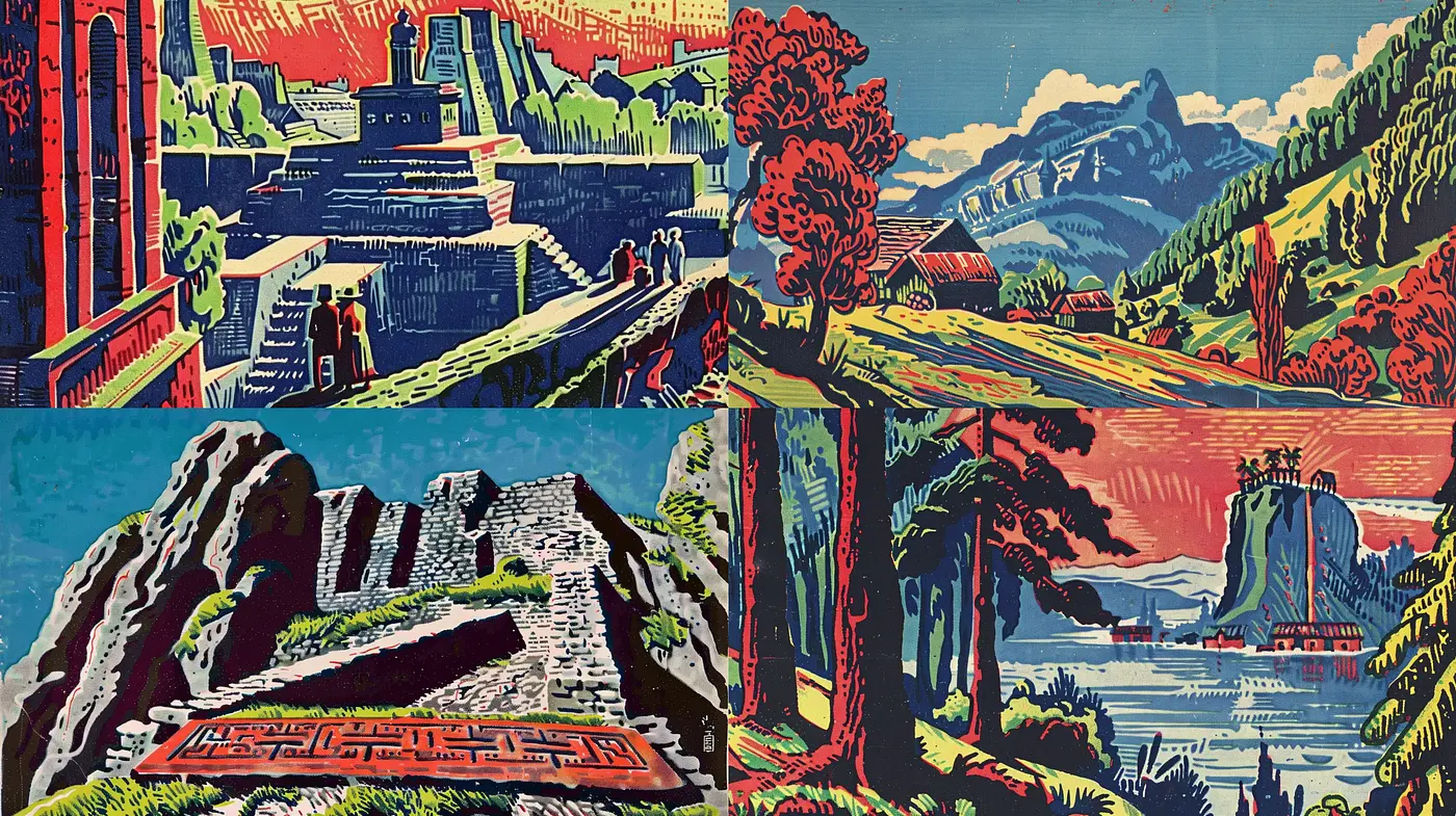 Modern Retro Travel Posters in Bold Woodblock Art Style - Midjourney sref style