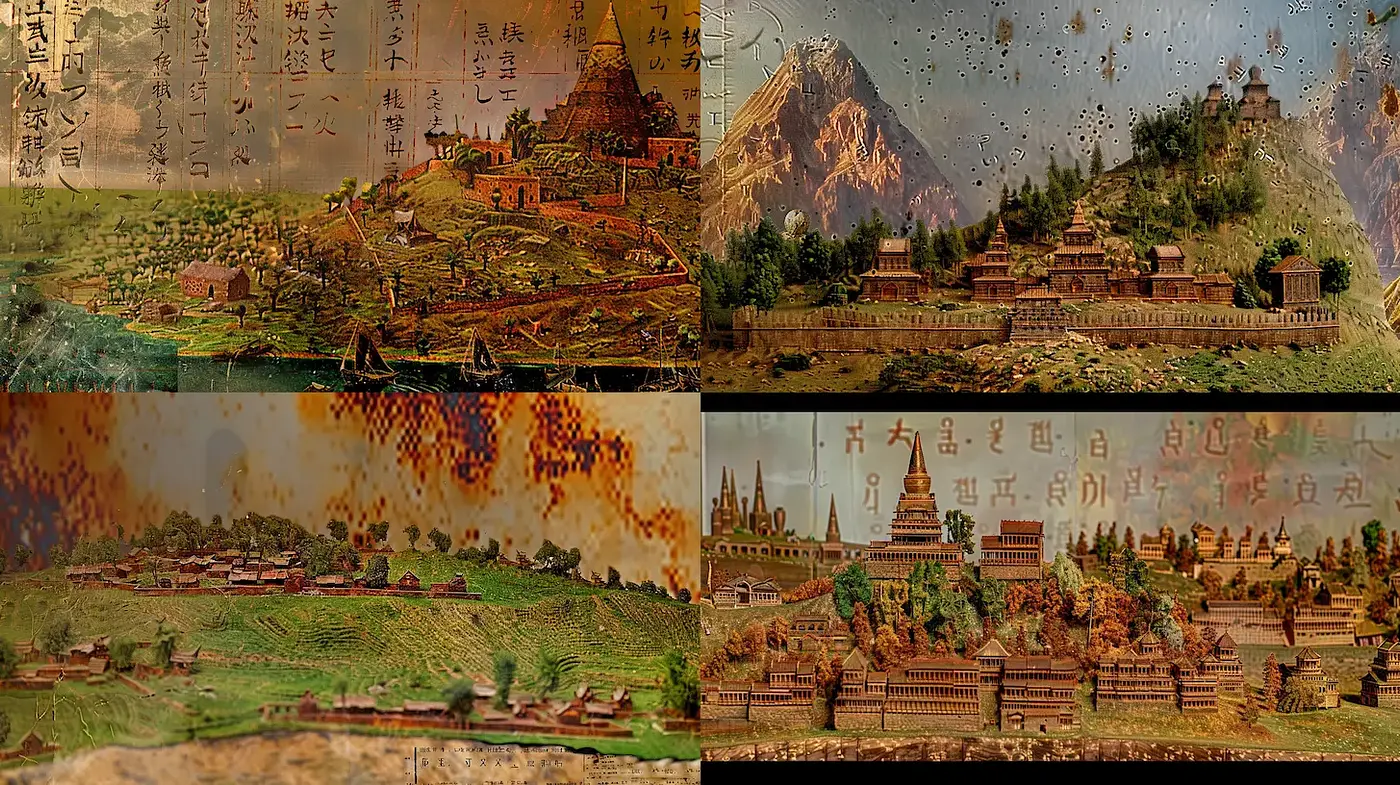 Intricately Textured Landscapes with Architectural Elements - Midjourney sref style