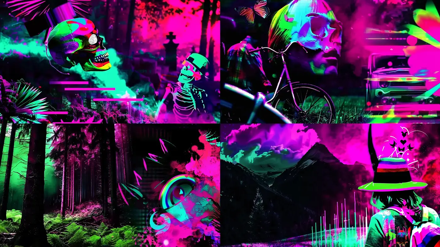 Neon Psychedelia and Surreal Imagery Fusion - Midjourney sref style