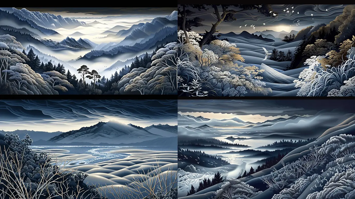 Monochromatic Elegance: Stylized Nature in Grayscale - Midjourney sref style