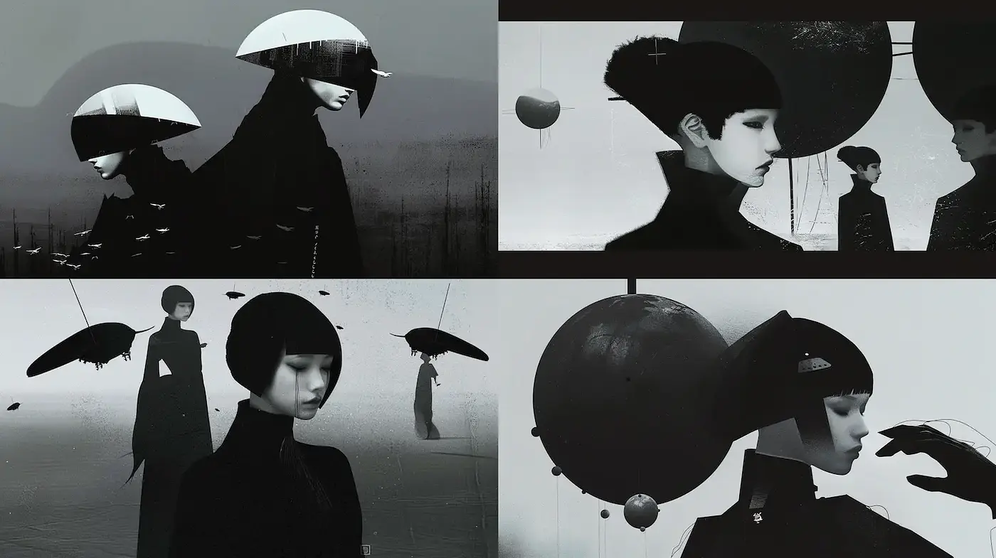 Elegant Monochrome Aesthetic with Futuristic Elements - Midjourney sref style