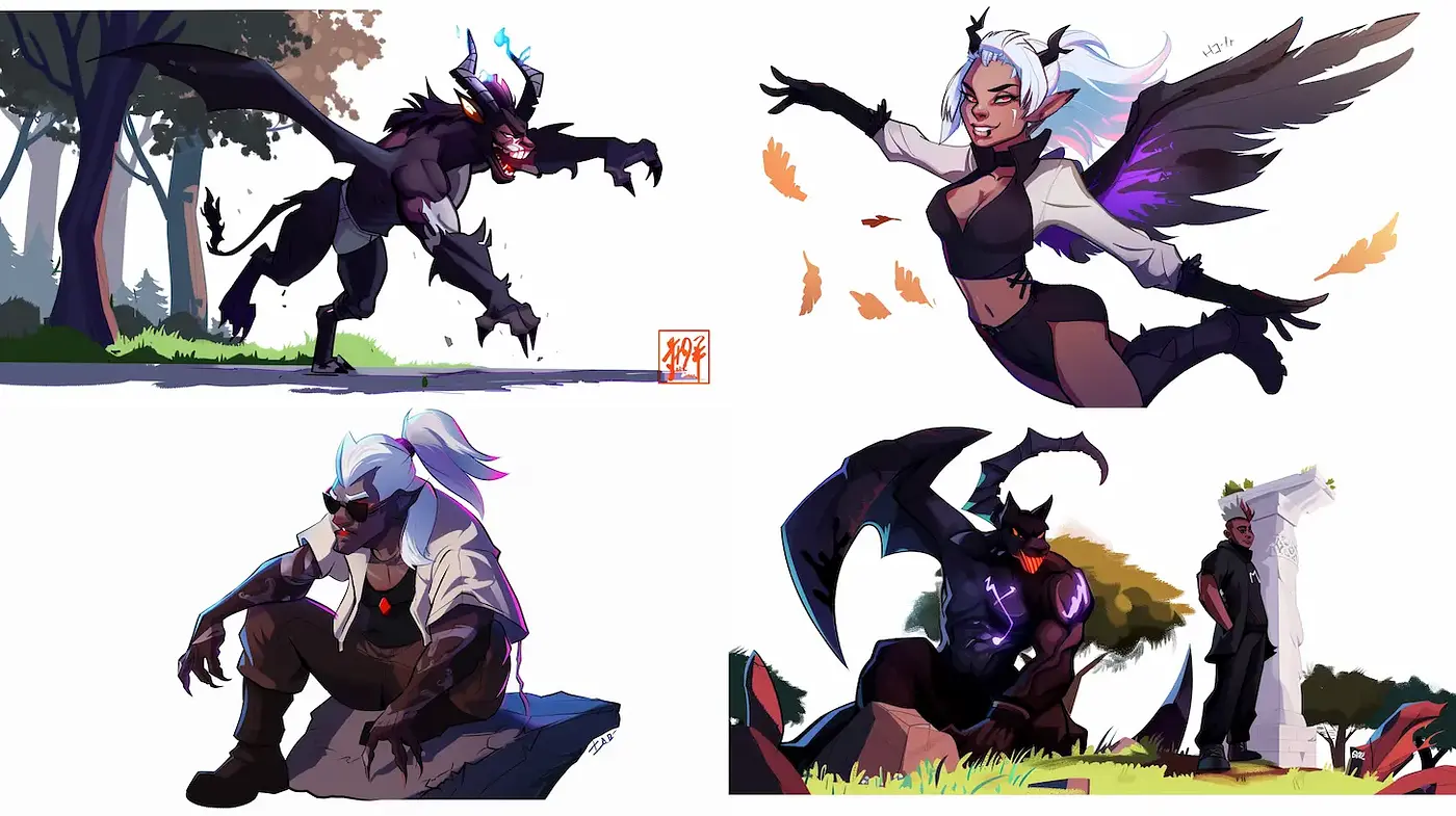 Consistent Bold and Playful Character Illustrations with a Dark Fantasy Twist - Midjourney sref style
