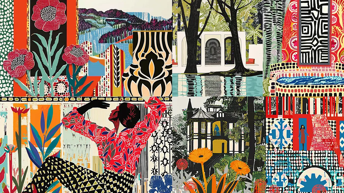 Eclectic Tapestry of Modernist Patterns and Botanical Motifs - Midjourney sref style