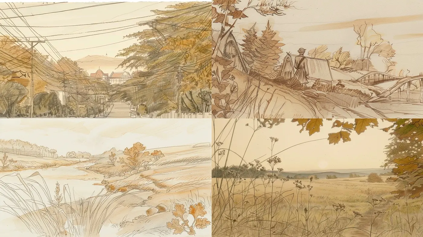 Warm Sepia-Toned Nostalgia: A Fusion of Sketches and Pastoral Impressions - Midjourney sref style