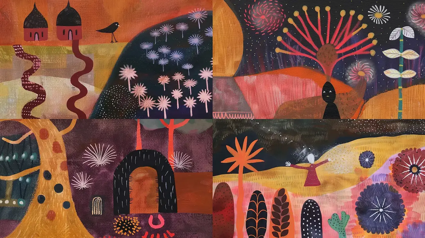 Vibrant and whimsical exploration of abstract nature themes - Midjourney sref style