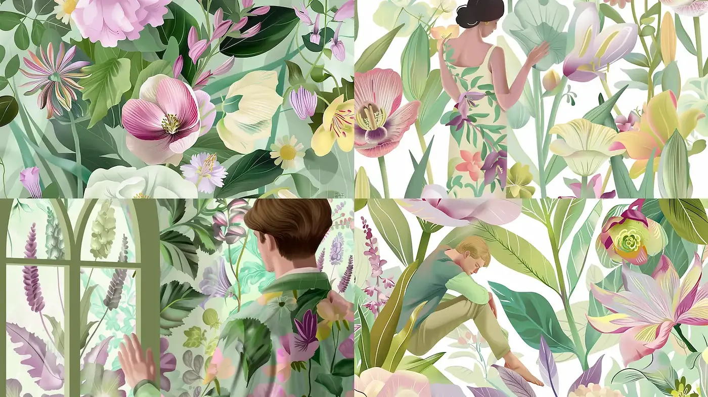 Lush Floral Illustrations with Subtle Elegance and Serenity - Midjourney sref style