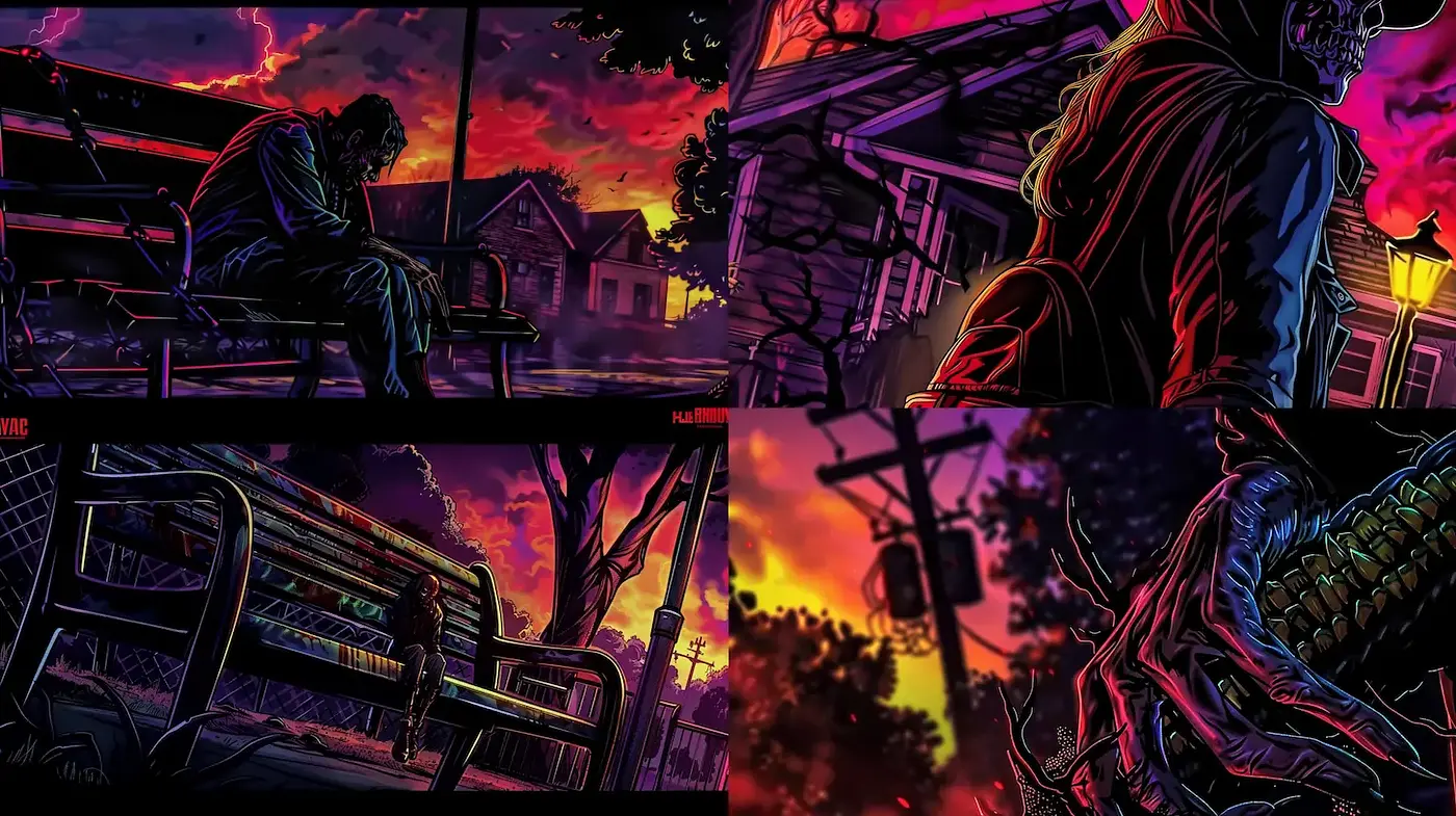 Dark and Vibrant Urban Horror Aesthetic with Comic Influences - Midjourney sref style