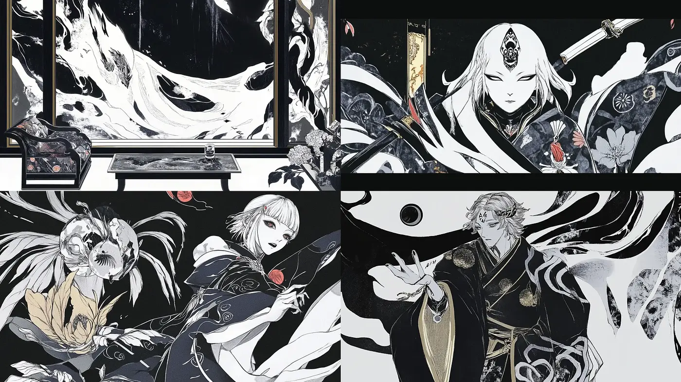 Ephemeral Elegance in Monochrome: An Homage to Ukiyo-e Dynamism - Midjourney sref style