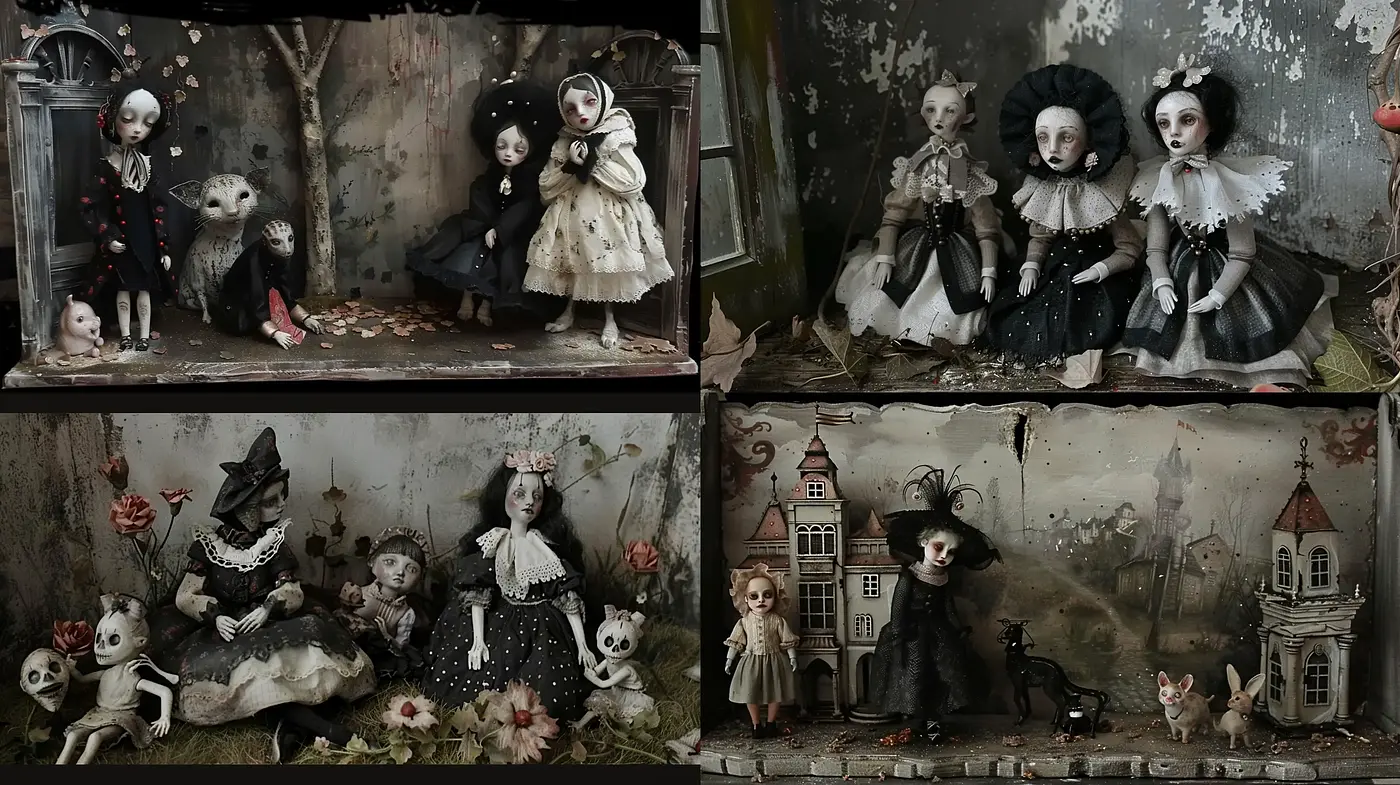 Eerie Gothic Whimsy: A Homage to Victorian Dolls and Macabre Fairy Tales - Midjourney sref style