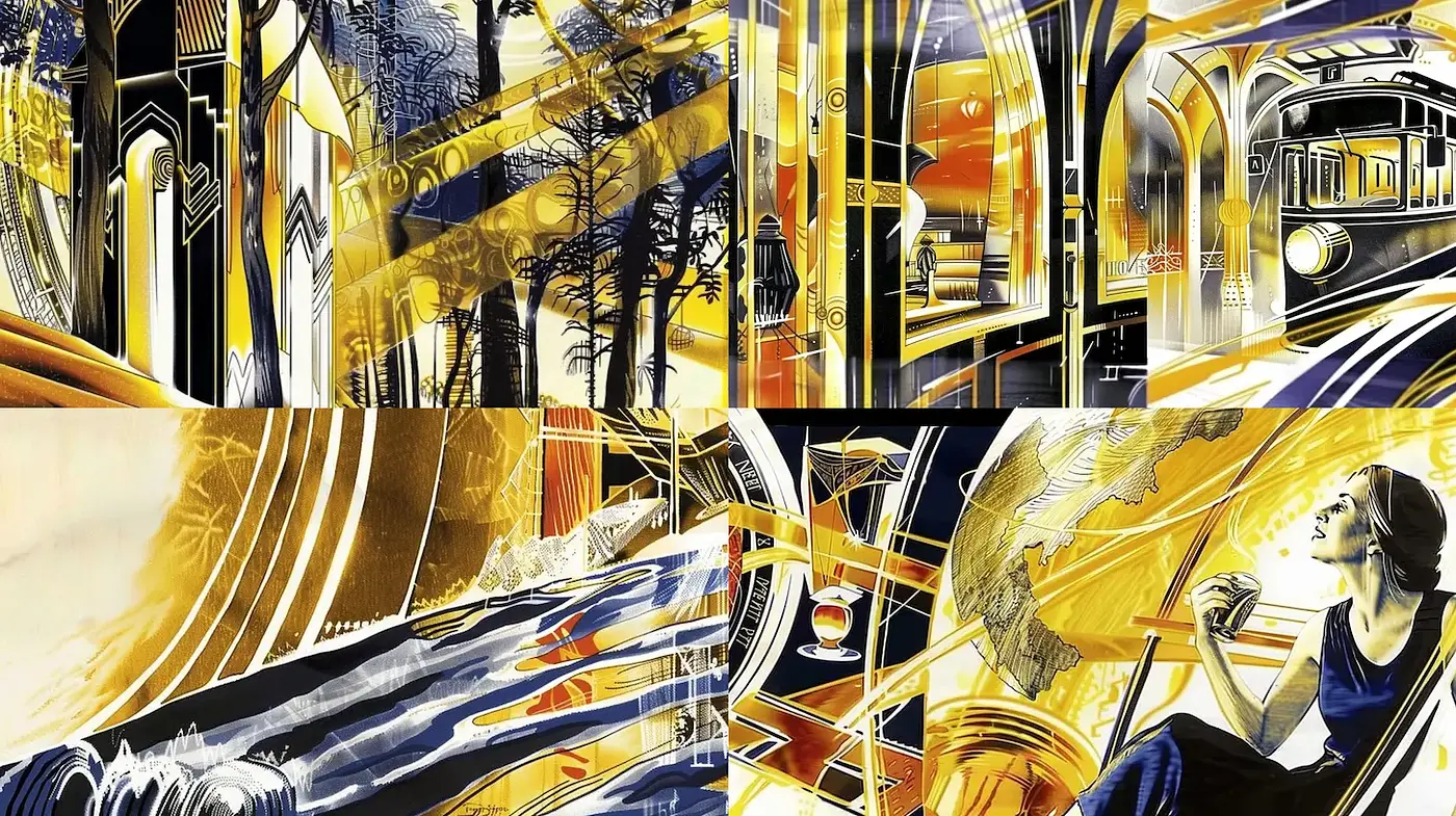 Art Deco Inspired Illustrations with Dynamic Linear Elements and Warm Tones - Midjourney sref style