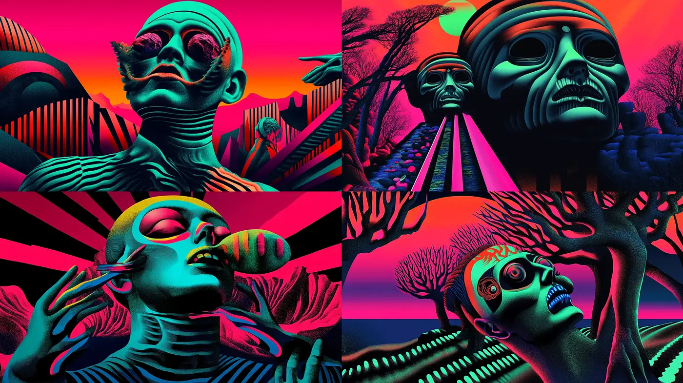 Surreal Neon Dreamscape: A Vivid Celebration of Abstract Form and Luminous Hues - Midjourney sref style