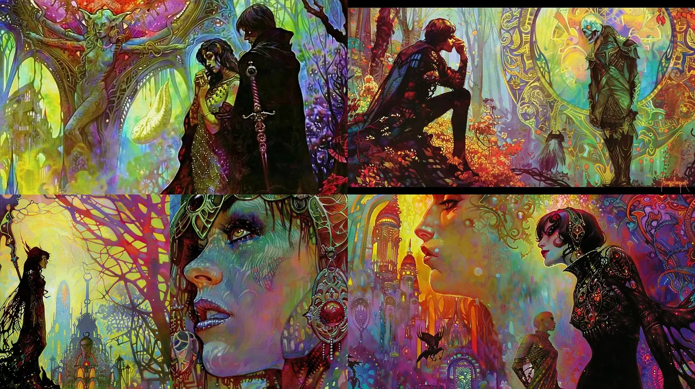 Mystical Fantasy Dreamscapes with Vivid Art Nouveau Influences - Midjourney sref style