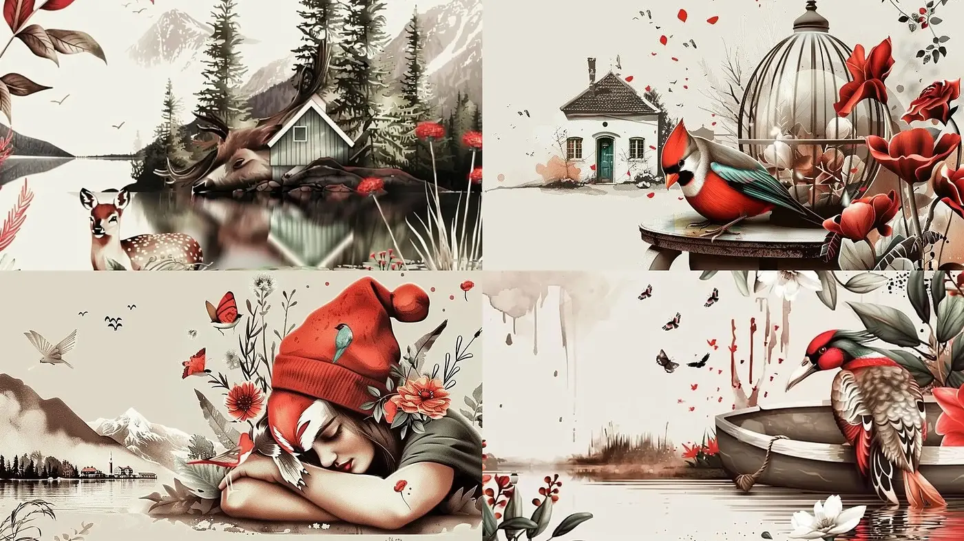Pastoral Symphony with Sepia Tones and Red Accents - Midjourney sref style