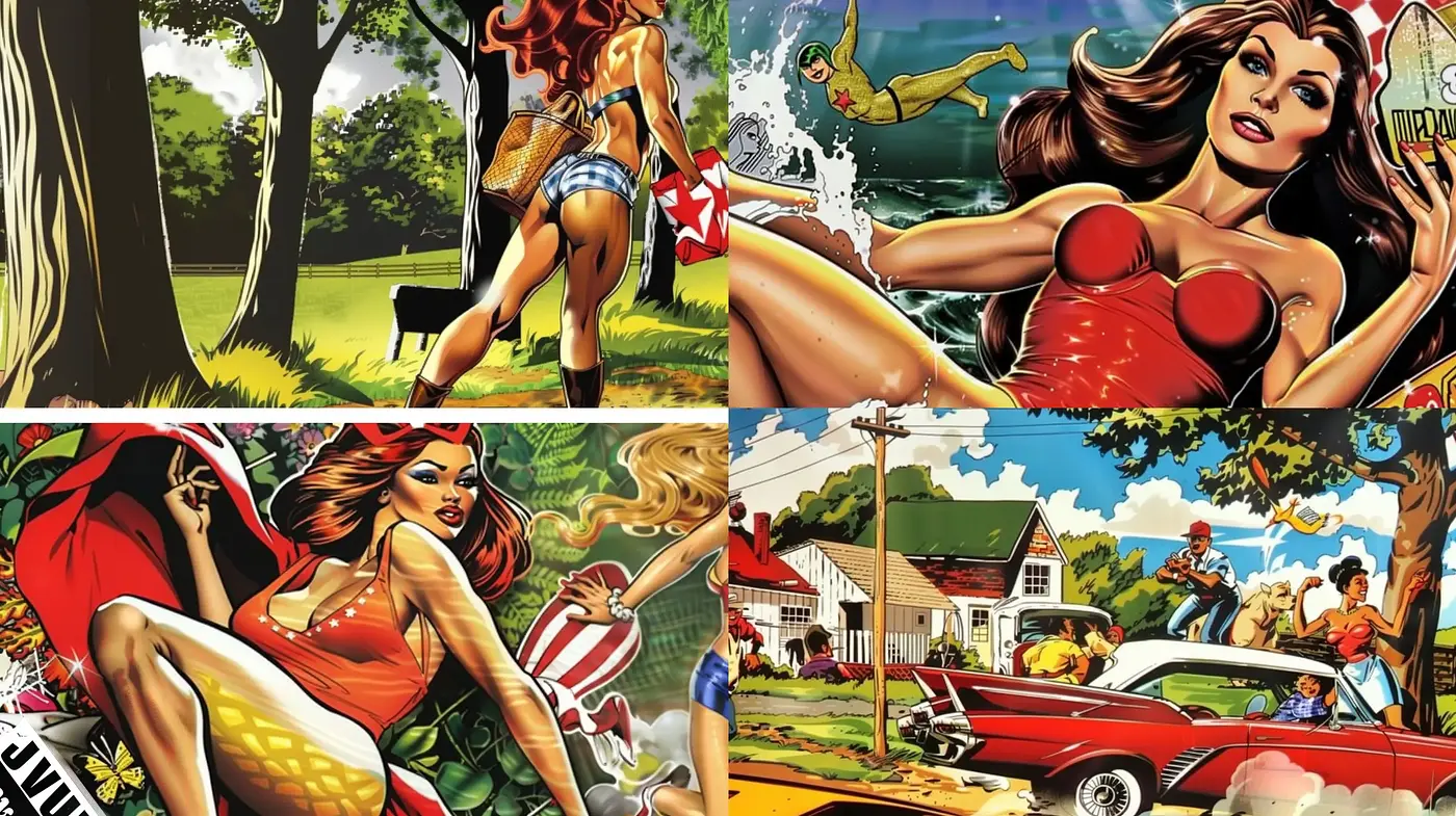 Revival of Classic American Pin-Up Art in Vibrant Comic Book Aesthetics - Midjourney sref style