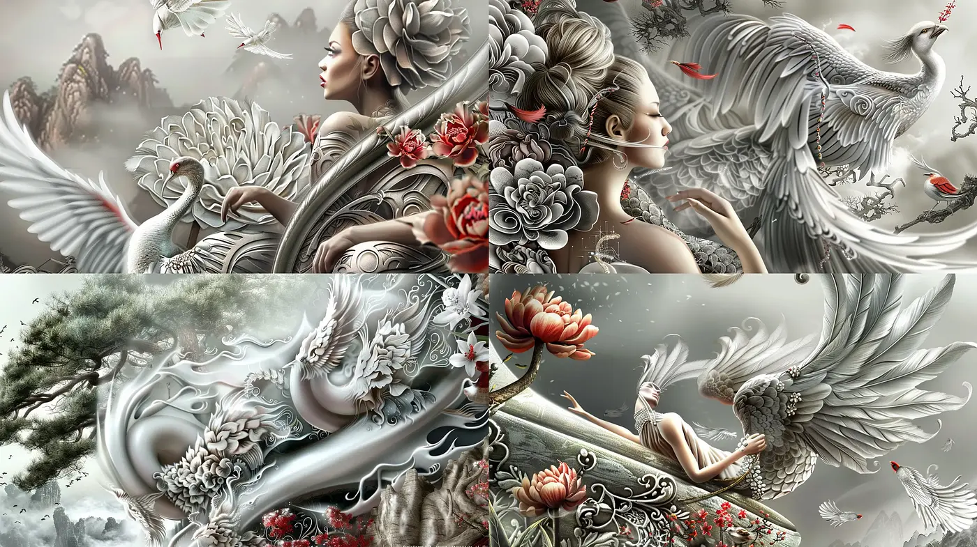 Ethereal Grace in Monochromatic Hues: An Exploration of Fantastical Imagery and Mythological Essence - Midjourney sref style