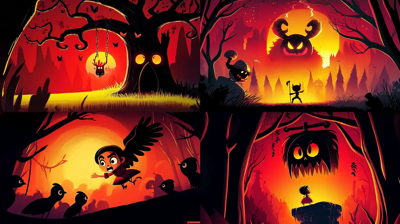 Twilight Silhouettes: A Haunting Harmony of Tenebrous Tones and Fiery Hues - Midjourney sref style