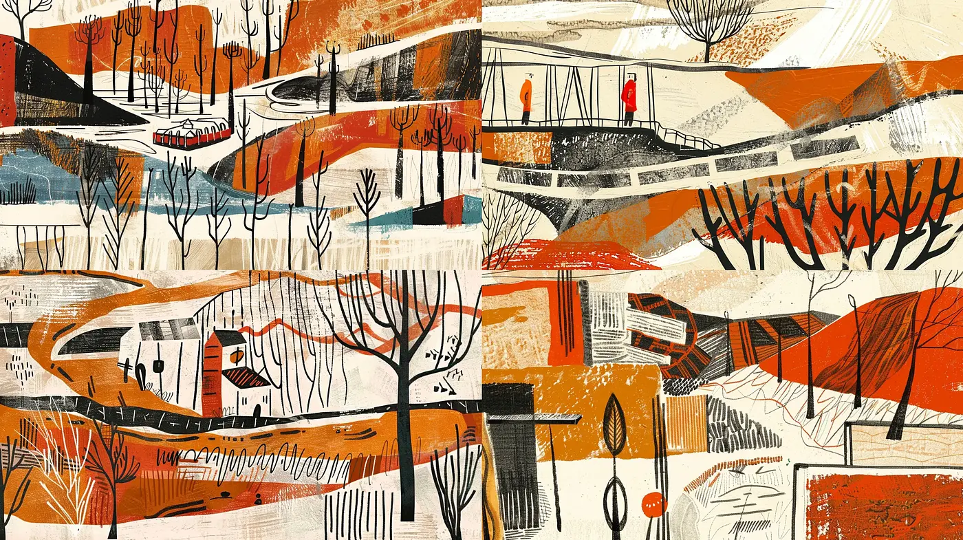 Abstract Terracotta Autumn: A Harmonious Blend of Modernism and Vintage Pastoral Scenes - Midjourney sref style