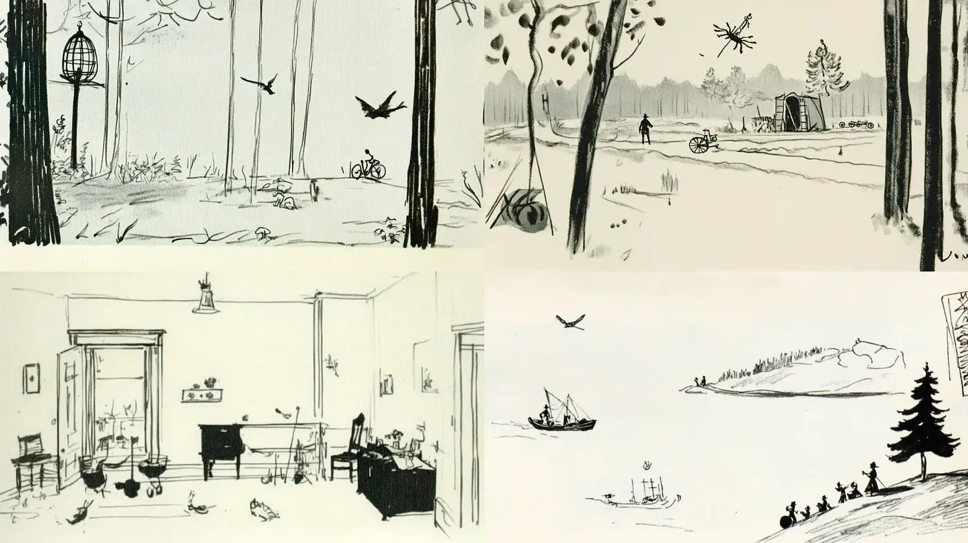 Monochromatic Sketchbook Journey - Midjourney sref style