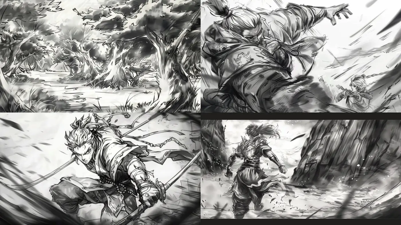 Monochromatic Dynamic Brushwork in Action Scenes - Midjourney sref style