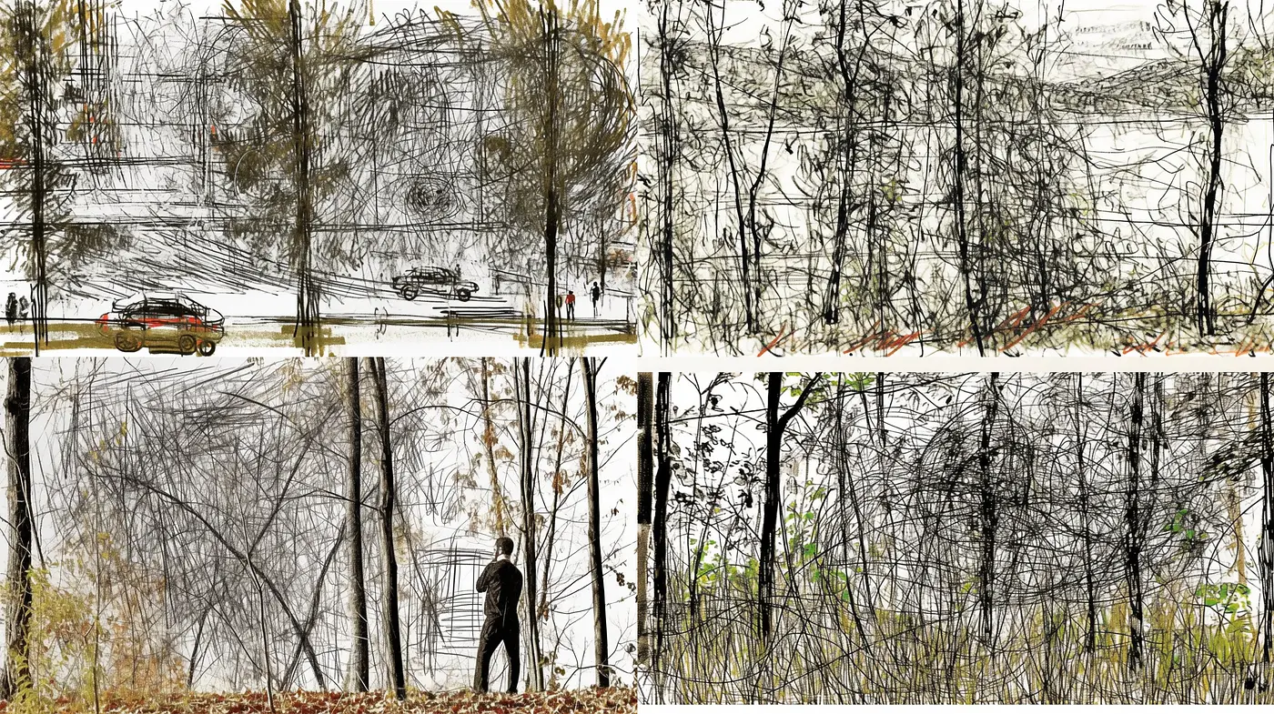 Sketch-like Brushstrokes and Earthy Tones in Contemplative Scenes - Midjourney sref style
