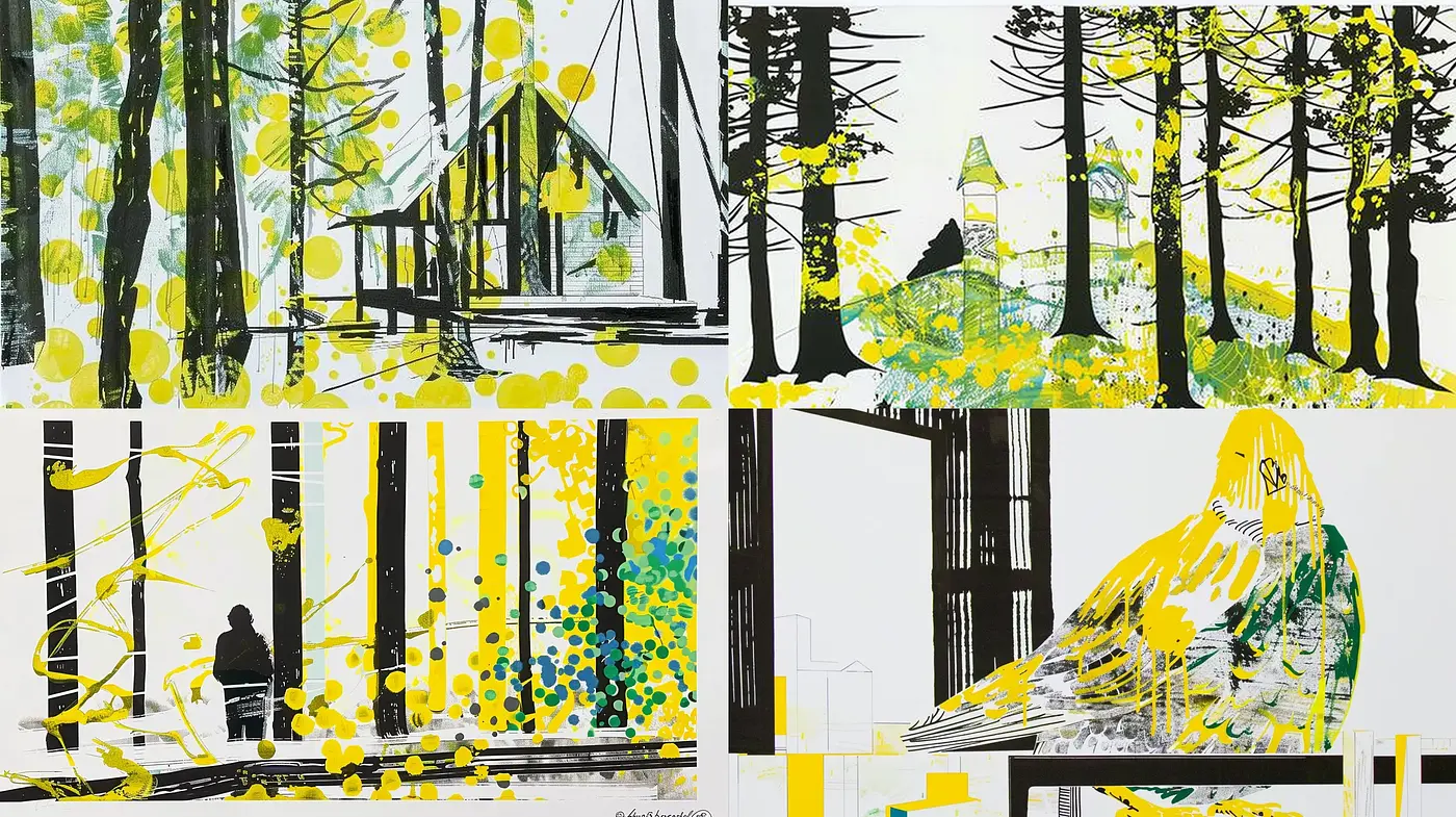Abstract Forest Fusion: An Exploration of Vivid Chromatism and Stylized Nature - Midjourney sref style