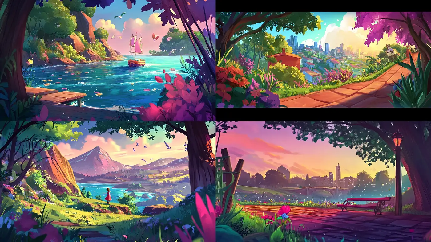 Vibrant Serenity: A Homage to Idyllic Landscapes and Enriching Color in Digital Illustration - Midjourney sref style