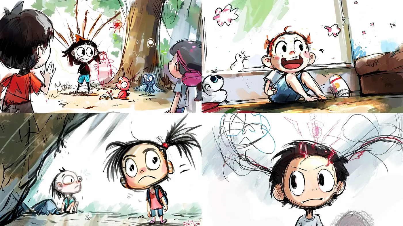 Whimsically Dynamic Cartoon Style with Expressive Strokes and Watercolor Textures - Midjourney sref style