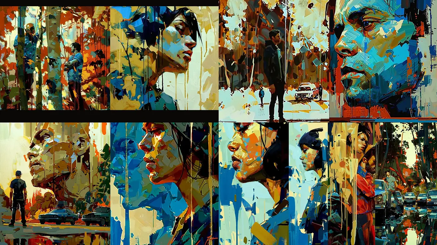 Dramatic Expressionist Brushstrokes and Vibrant Urban Palette - Midjourney sref style