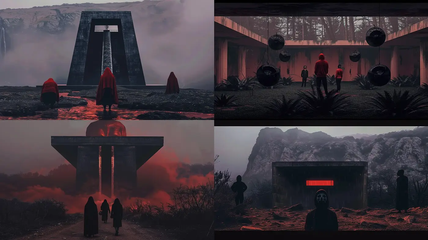 Dystopian Echoes in a Monolithic Architecture Dreamscape - Midjourney sref style