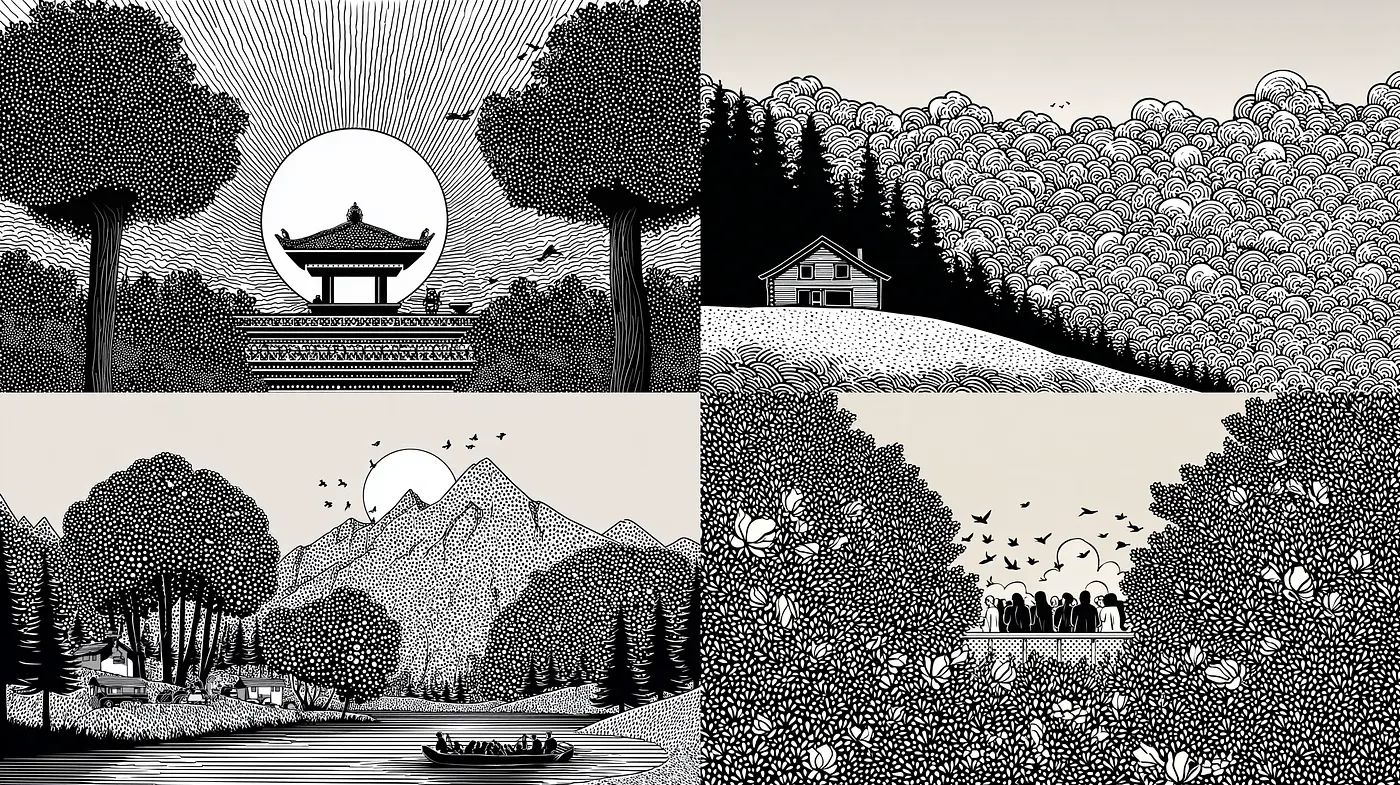 Intricate Black and White Illustrations with Organic Landscapes - Midjourney sref style