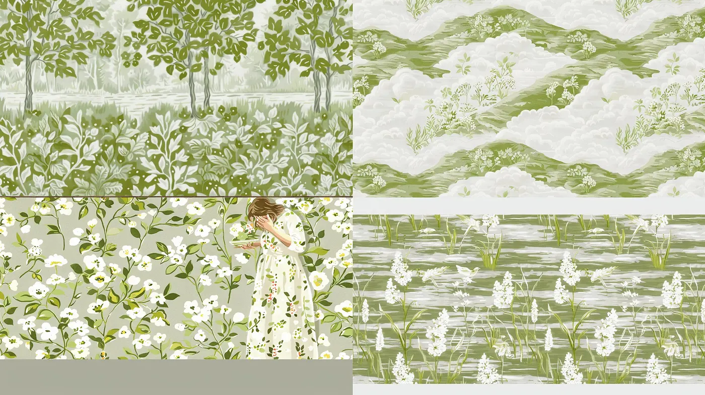 Serene Pastoral Symphony in Greens and Whites: A Study of Botanical Harmony and Tranquility - Midjourney sref style