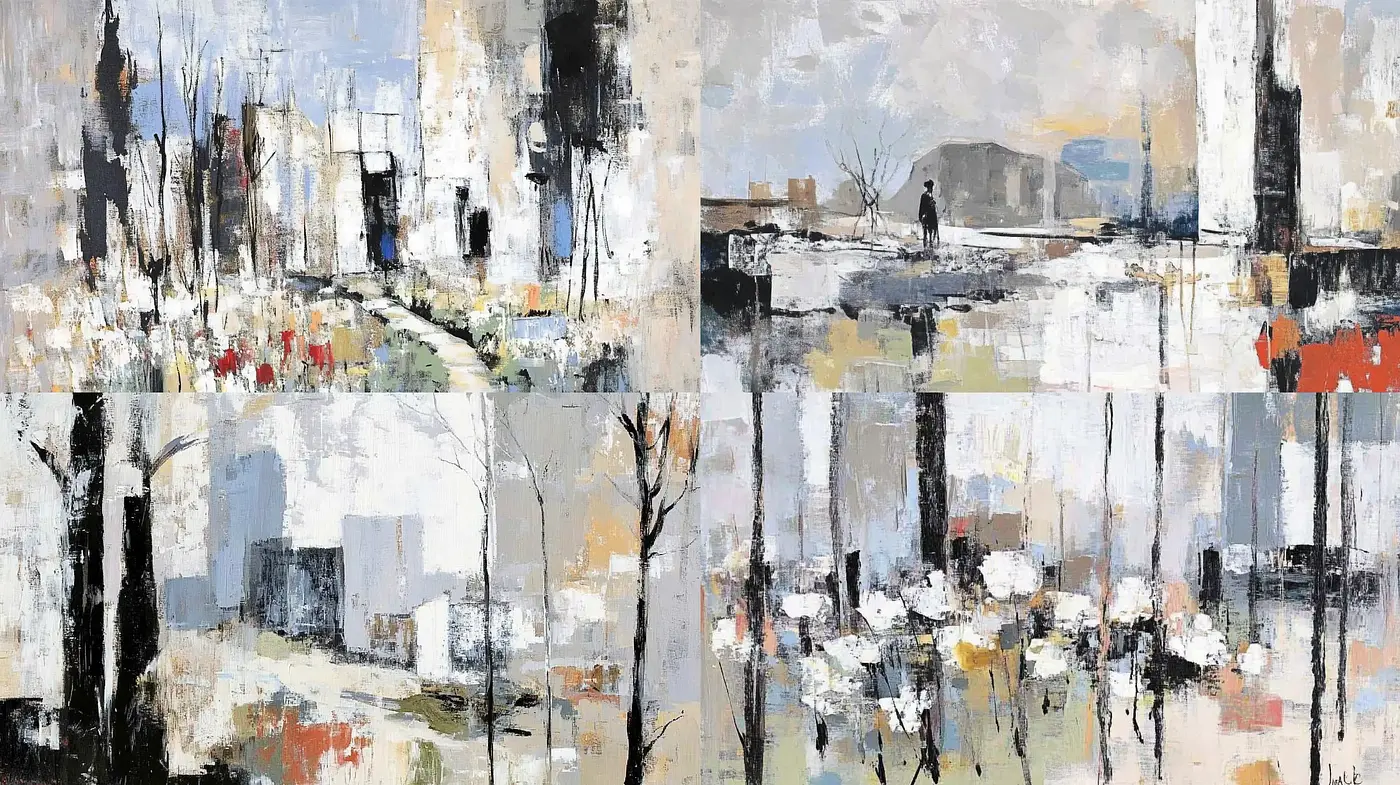 Abstracted Urban Narratives in Muted Tonal Impressions - Midjourney sref style