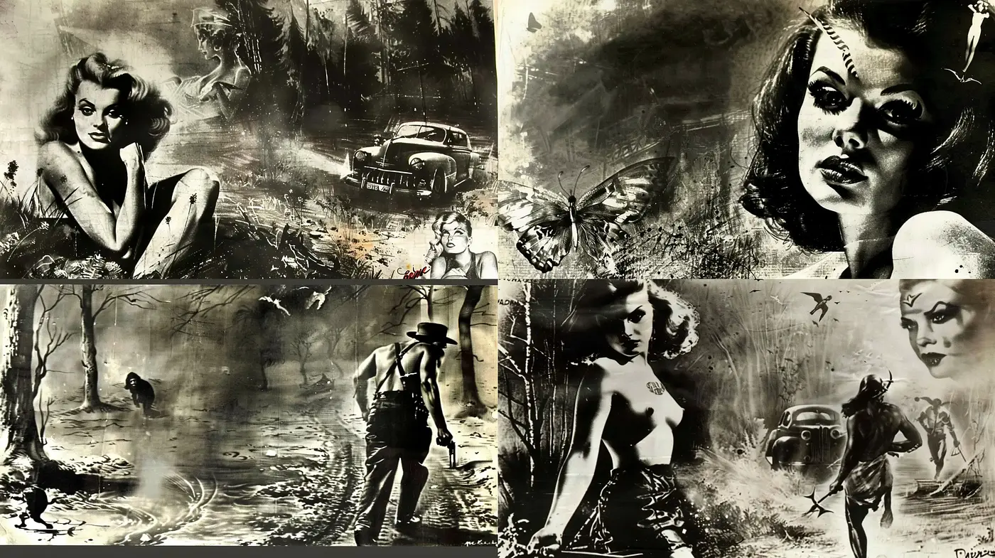Monochrome Noir-Esque Cinematic Illustration Approach - Midjourney sref style