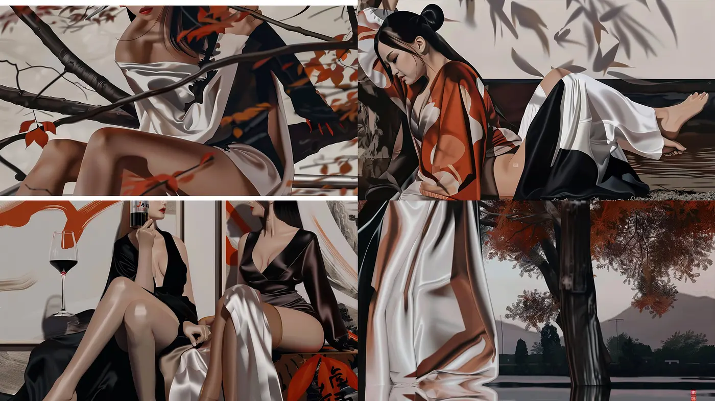 Monochromatic Elegance with Splashes of Autumn - Midjourney sref style