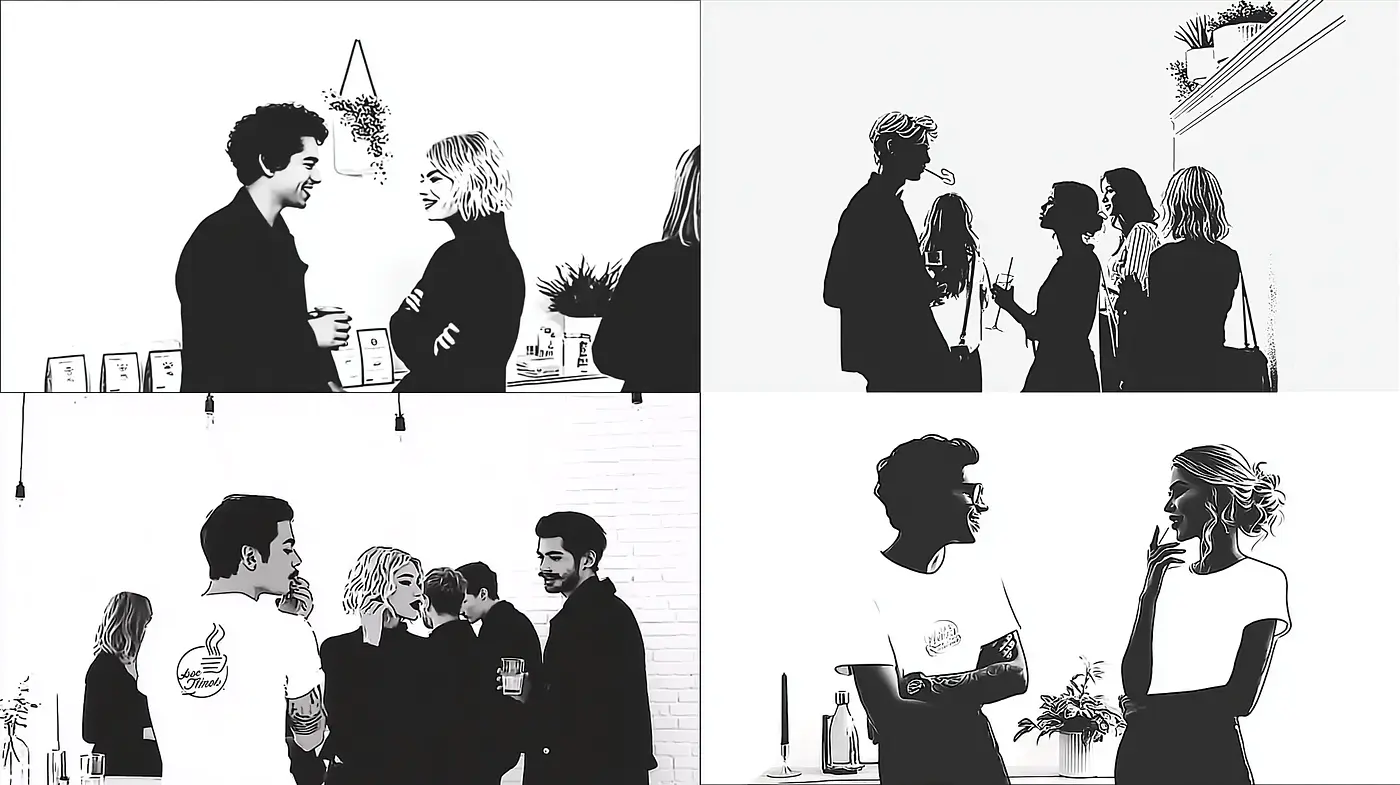 Monochromatic Minimalist Interactions with a Touch of Vintage Elegance - Midjourney sref style