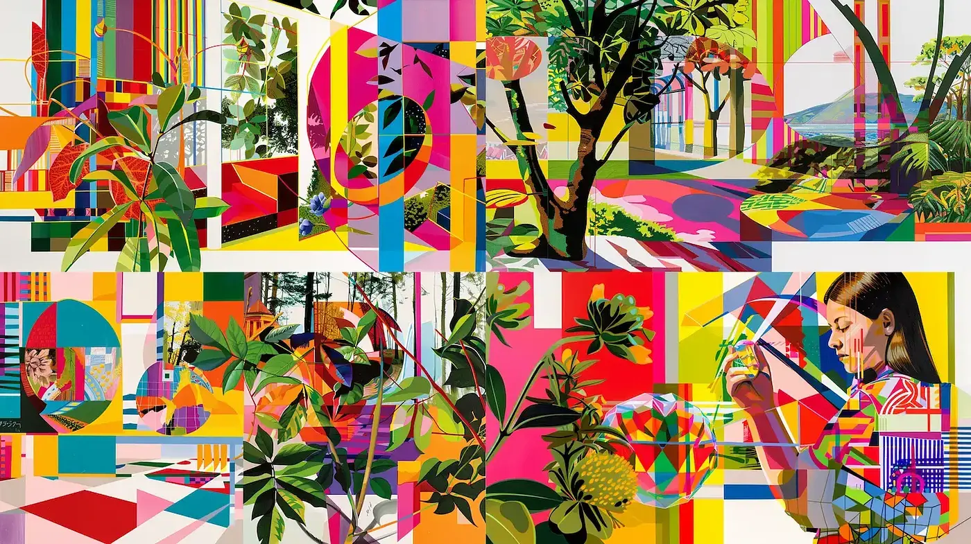 Vibrant Geometric Landscape with Lush Flora and Abstract Forms - Midjourney sref style