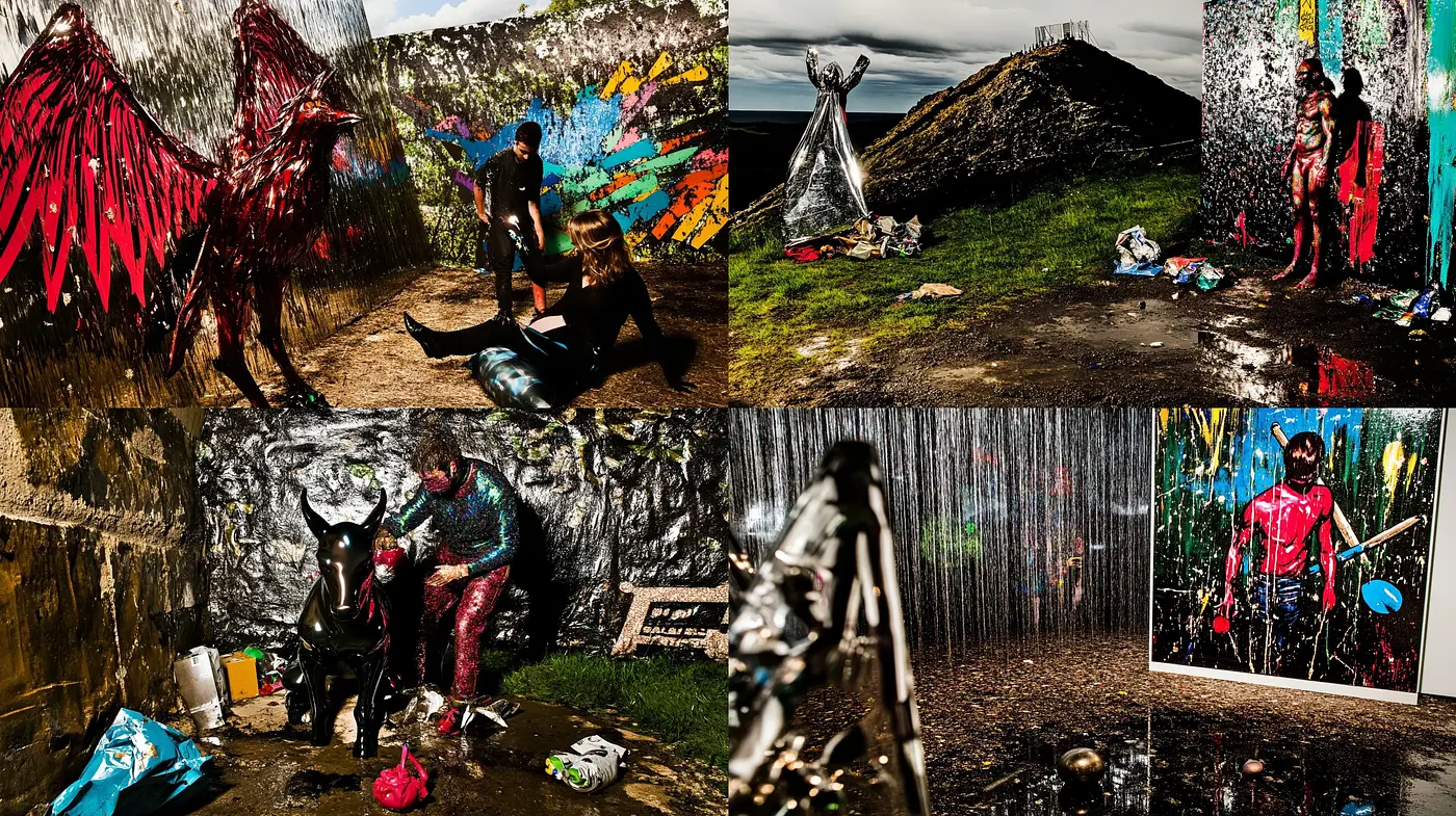 Gritty Textural Alchemy: A Fusion of Dark Urban Decay and Vibrant Surrealism - Midjourney sref style