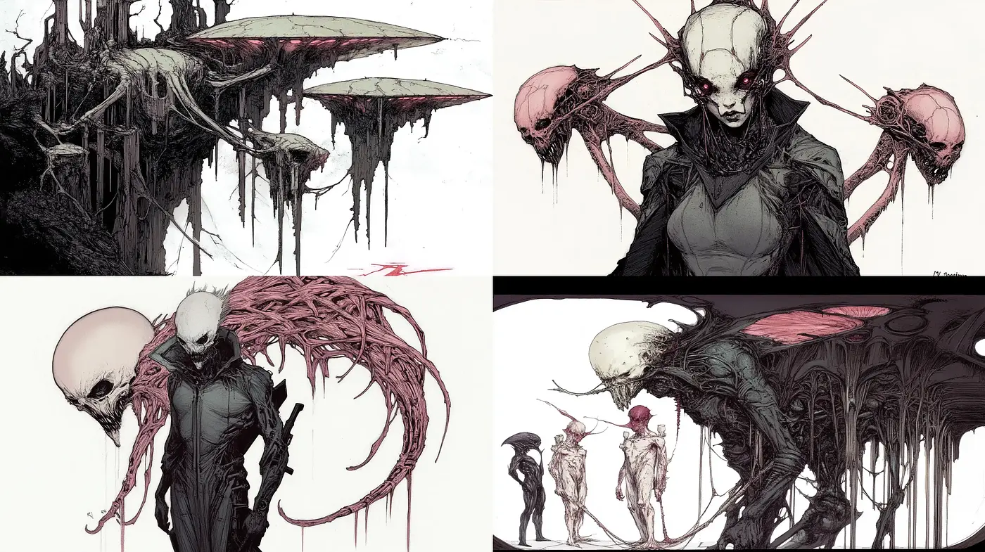 Ethereal Dystopian Elegance: A Cohesive Exploration of Grim Futurism - Midjourney sref style