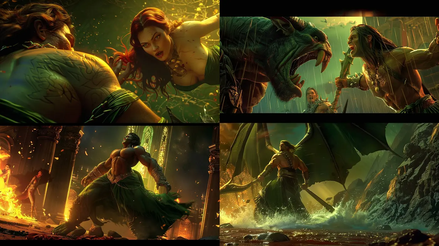 Epic Mythological Cinema: A Homage to High-Fantasy and Adventure in Vivid Hues - Midjourney sref style